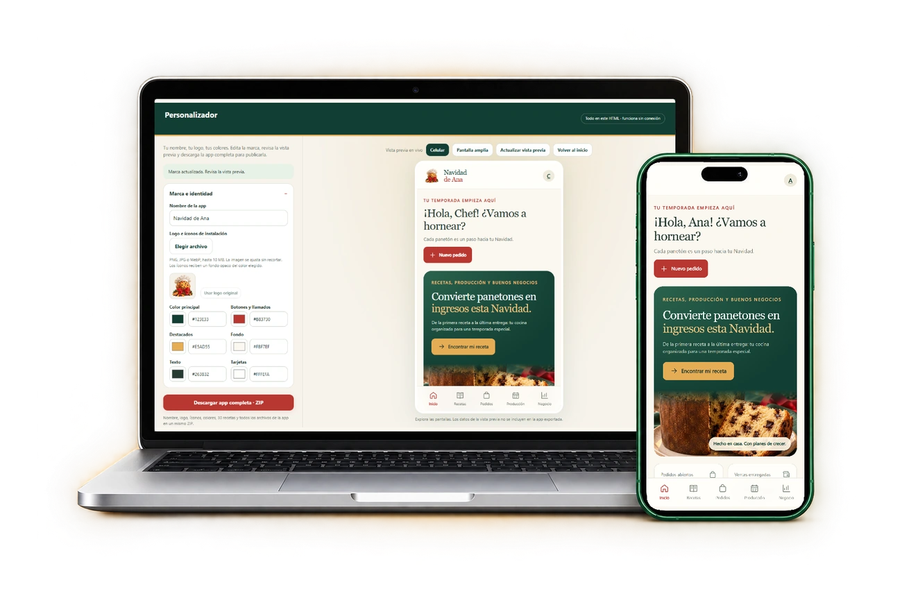 Personalizador del Panetón Chef Studio en la laptop y la aplicación con tu marca en el celular