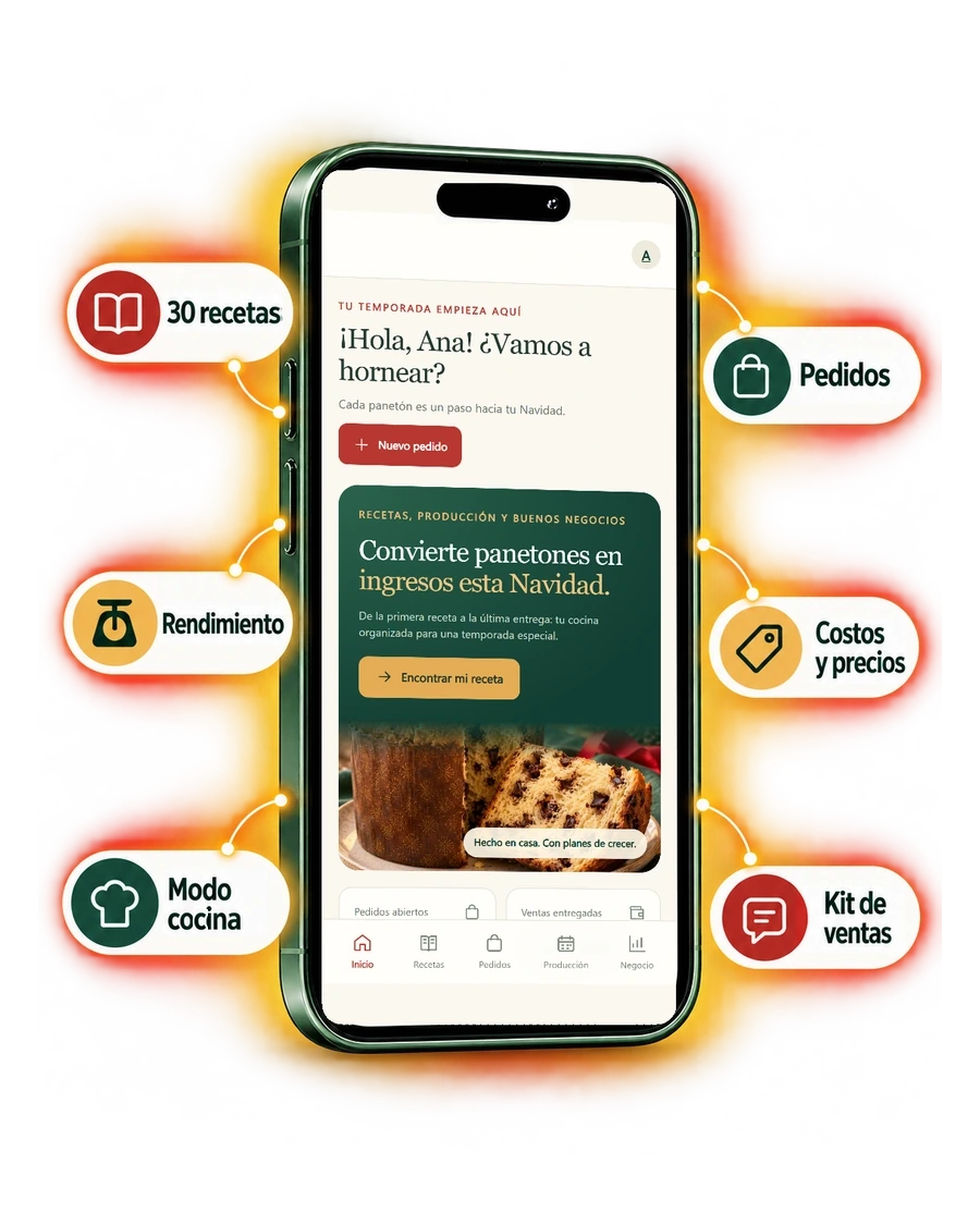 Aplicación Panetón Chef Studio en el celular con 30 recetas, rendimiento, modo cocina, pedidos, costos y precios y kit de ventas